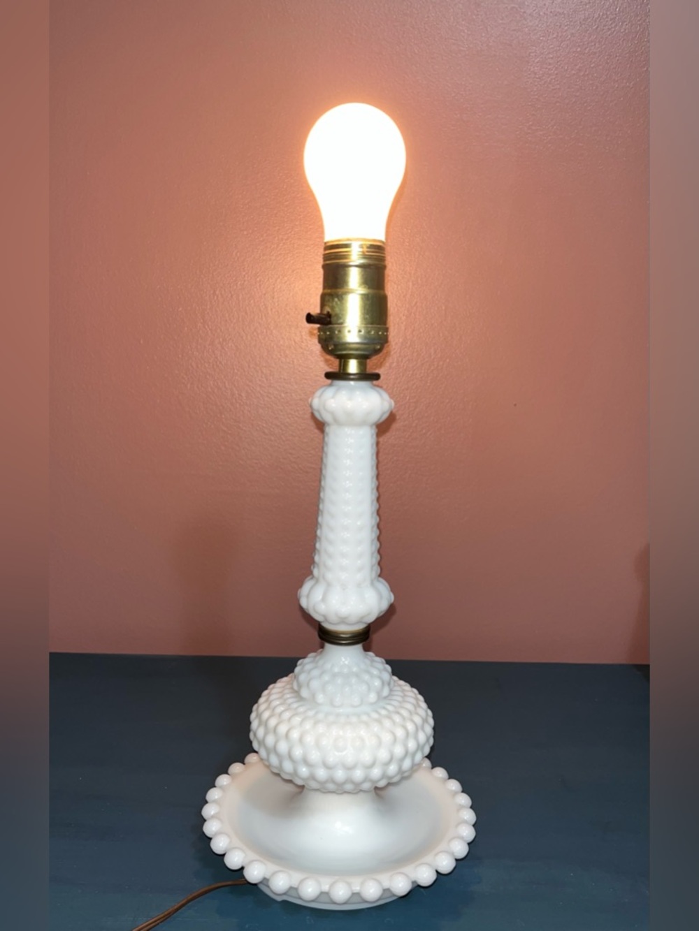 Vintage White Hobnail Milk Glass Table Lamp | Vintage Boudoir Candlestick Lamp